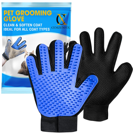 CEMZENFIX Upgrade Pet Gloves Grooming for Dogs, Grooming Gloves for Dogs, Cats, Rabbits & Horses with Long and Short Hair, Efficient Pets Hair Remover Mittens - 1 Pair (Blue)