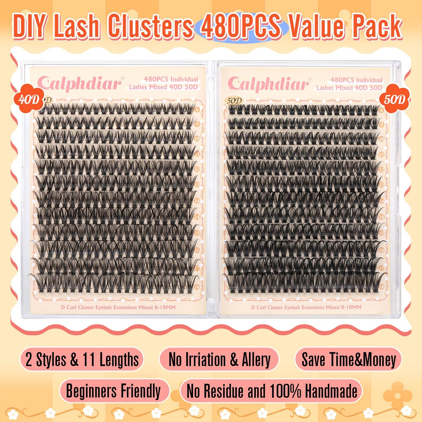 calphdiar Lash Clusters Wispy Eyelash Clusters 480PCS 40D+50D Individual Lashes Clusters D Curl Cluster Eyelash Extensions 8-18mm DIY Natural Volume Lash Extension for Beginners