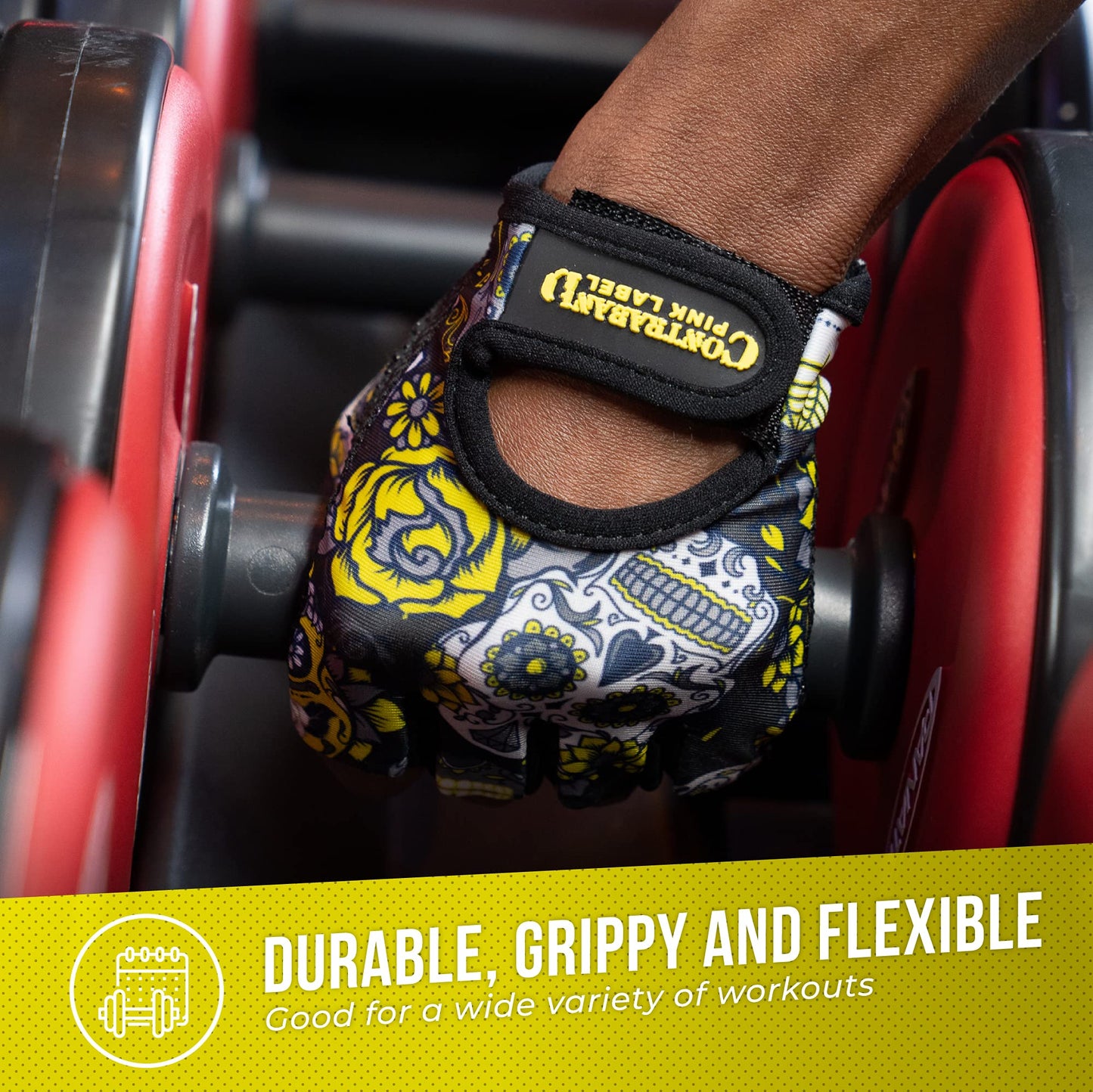 Contraband Pink Label 5237 Womens Design Series Sugar Skull Lifting Gloves (Pair) - Lightweight Vegan Amara Leather Palm w/Griplock Silicone (Yellow, X-Small)