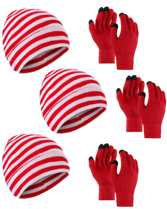 SATINIOR 6 Pieces Christmas Red White Stripe Beanie and Touchscreen Gloves Set Christmas Winter Knit Hat Soft Skull Cap for Women Men