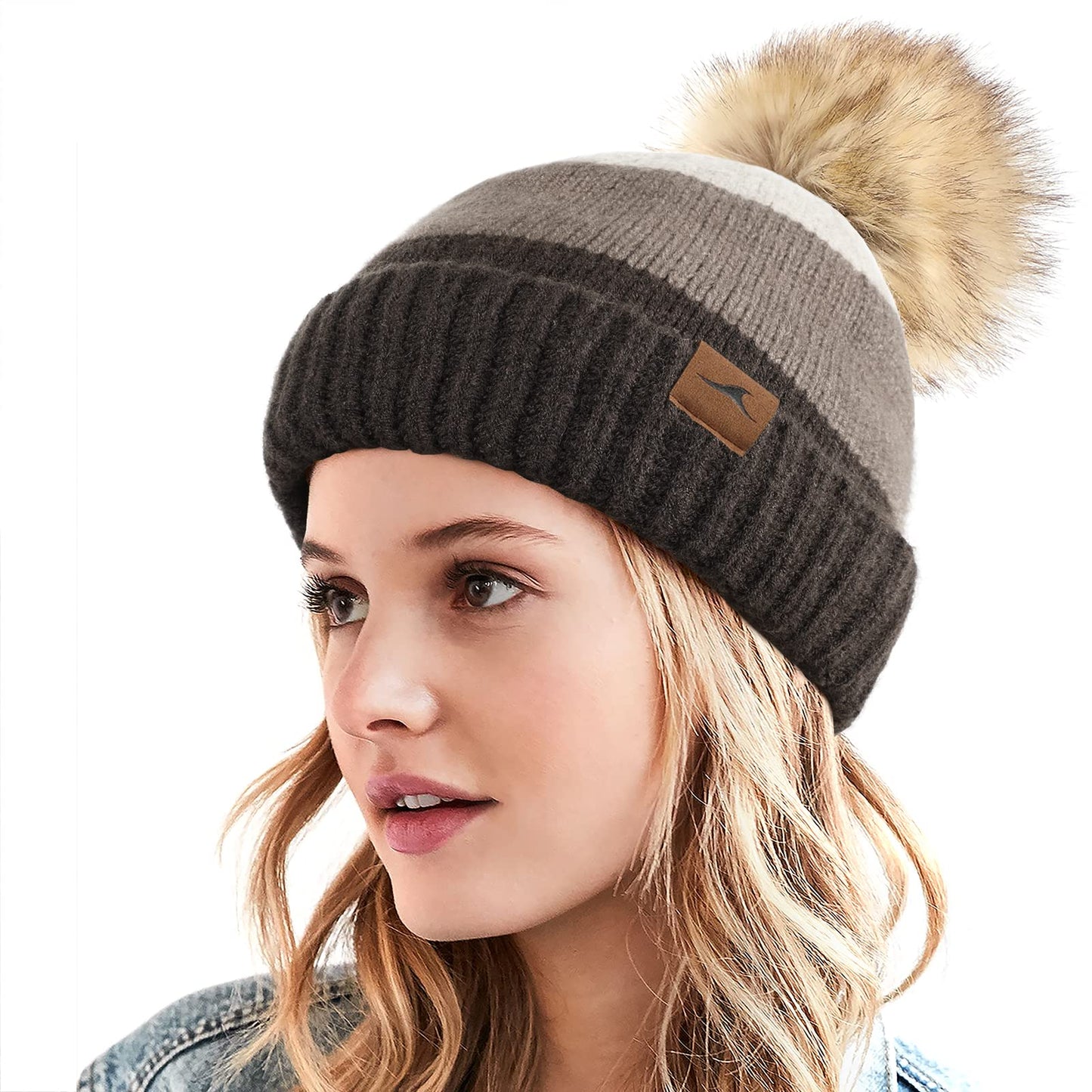 Achiou Winter Women Beanie Hat, Warm Cable Knit Beanies for Women, 3 Color Knitted Hat Skull Cap Faux Fur Pom Fleece Lined Brown