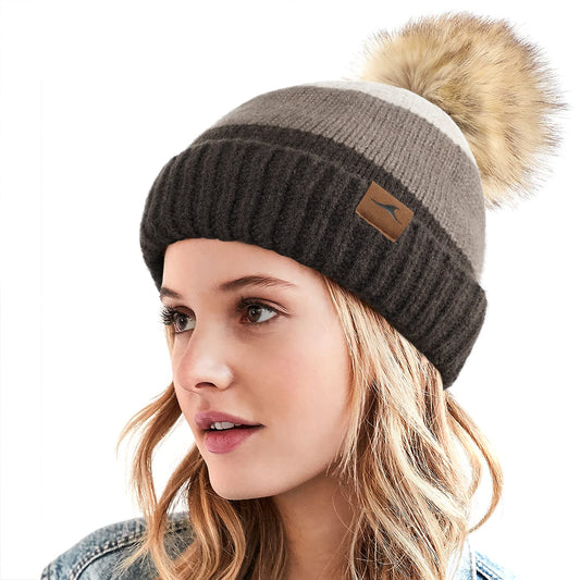 Achiou Winter Women Beanie Hat, Warm Cable Knit Beanies for Women, 3 Color Knitted Hat Skull Cap Faux Fur Pom Fleece Lined Brown