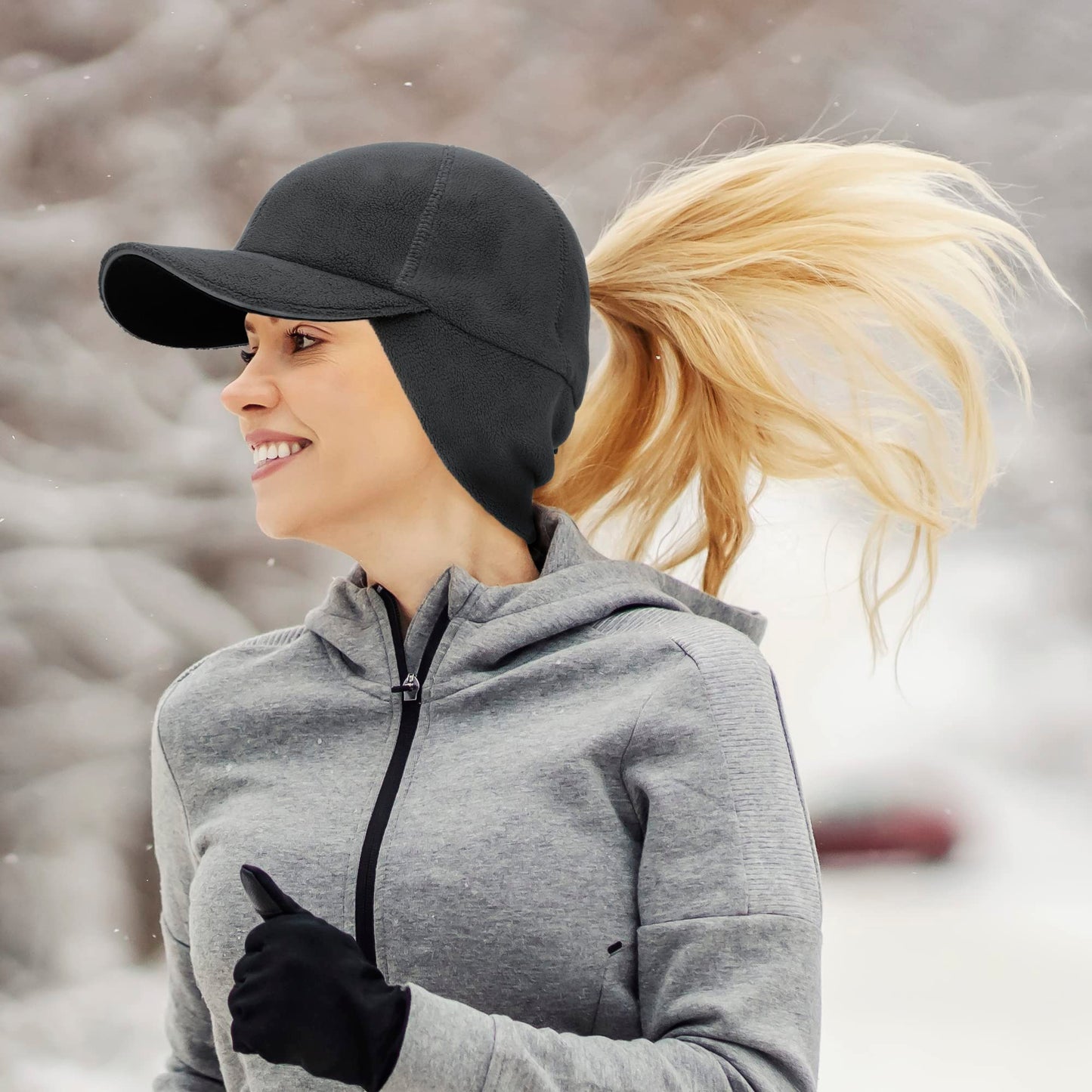 PivotWing Winter Ponytail Hats for Women, Winter Running Gear Ear Warmer Hat with Ponytail Hole for Women Fleece Pony Cap Baseball Hat with Earflap Ear Muffs for Fall Hiking Walking, Dark Grey XS/S