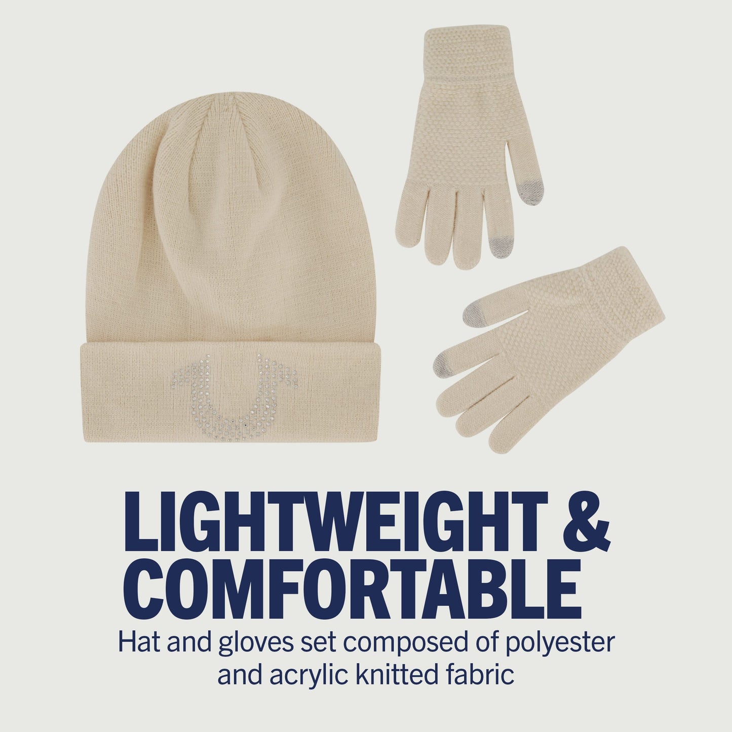 True Religion Beanie Hat and Touchscreen Glove Set, Cuffed Winter Knit Cap with Rhinestone Logo and Touch Screen Mittens, Off White, One Size