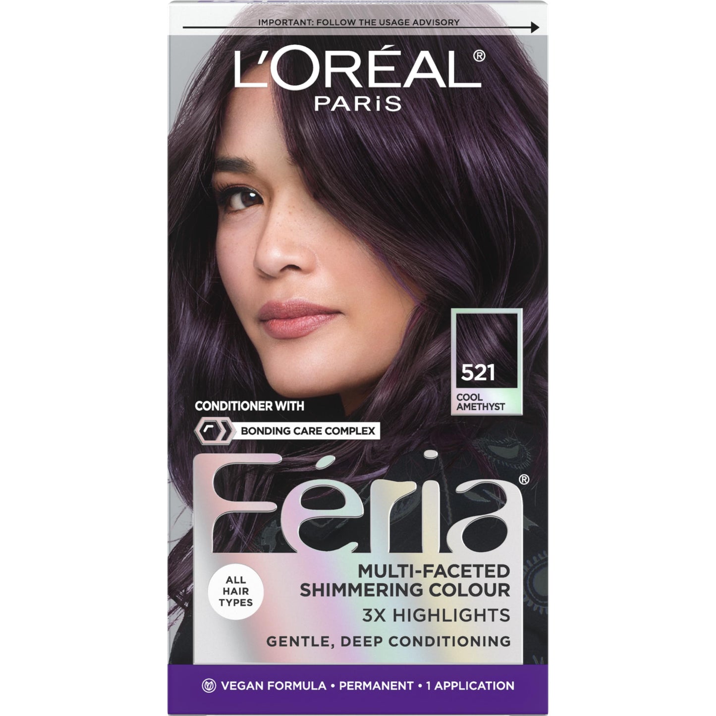 L'Oreal Paris Feria Multi-Faceted Shimmering Permanent Hair Color, 521 Cool Amethyst, Pack of 1 Hair Dye Kit
