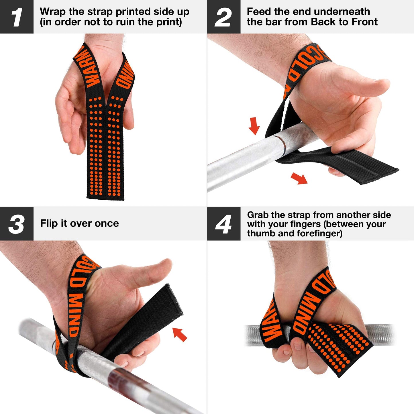 WARM BODY COLD MIND V1 Lifting Wrist Straps for Olympic Weightlifting, Powerlifting, Bodybuilding, Functional Strength Training, for Crossfit - Heavy-Duty Cotton Wrist Wraps, Pairs (Black/Orange)