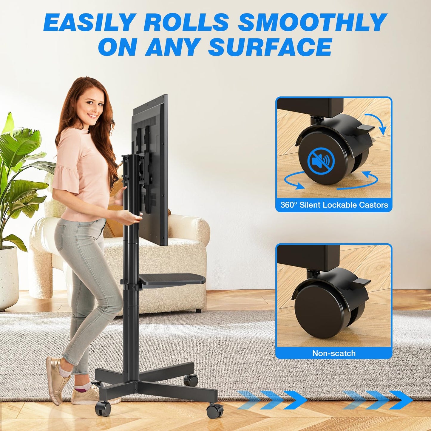 Rfiver Rolling TV Stand with Laptop Shelf, Mobile TV Stand with Upgraded Wheels for 32-75 Inch TVs, Height Adjustable Mobile TV Cart up to 88lbs, Portable TV Mount Stand for Outdoor, Home, Office