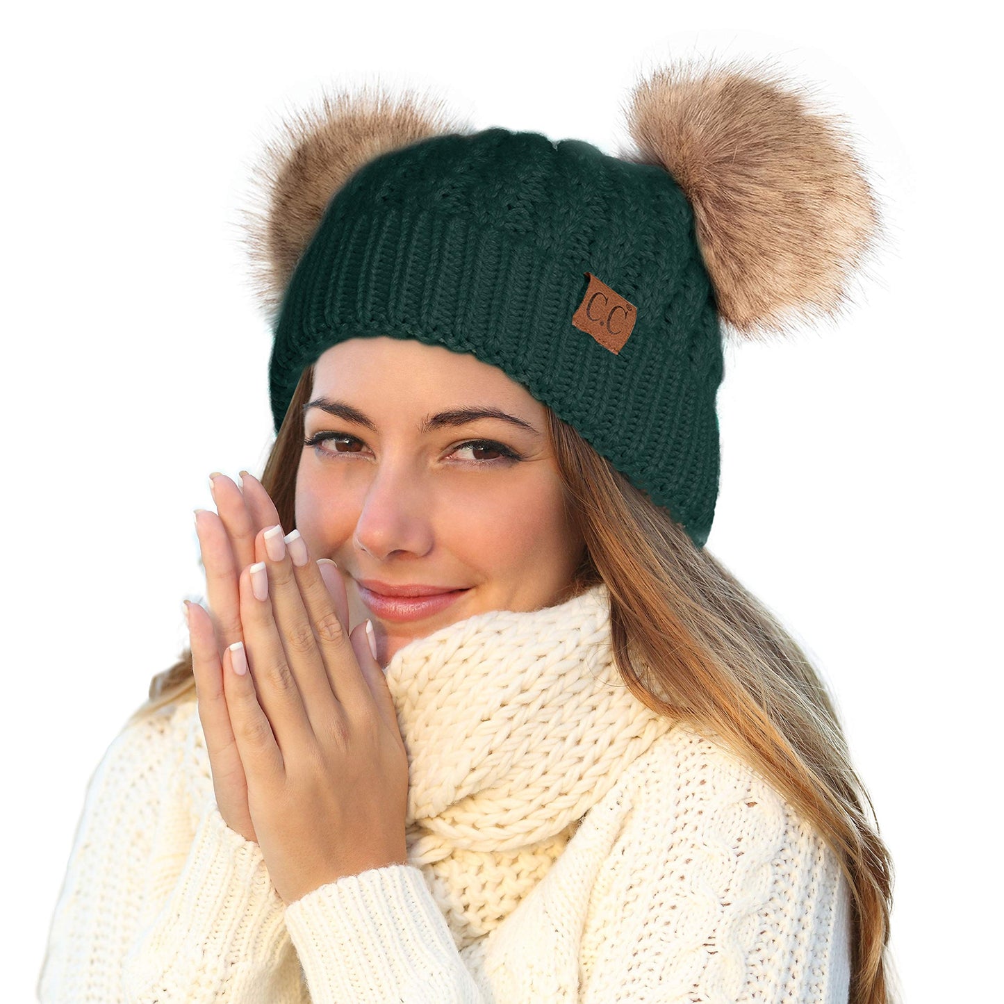 C.C Hatsandscarf Exclusives Natural Double Pom Pom Cable Knit Winter Beanie (HAT-2055) (Deep Pine-Natural Pom)