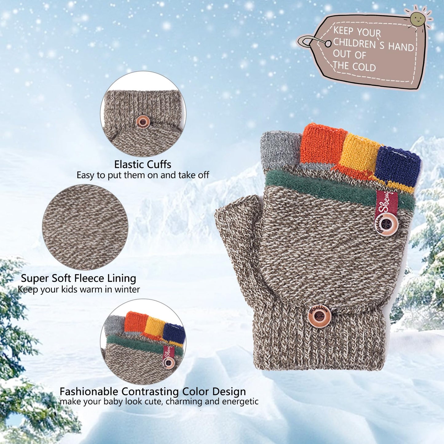 Kids Winter Gloves, Warm Knitted Convertible Fingerless Gloves for Baby Boy Girl with Mittens Cover Cap