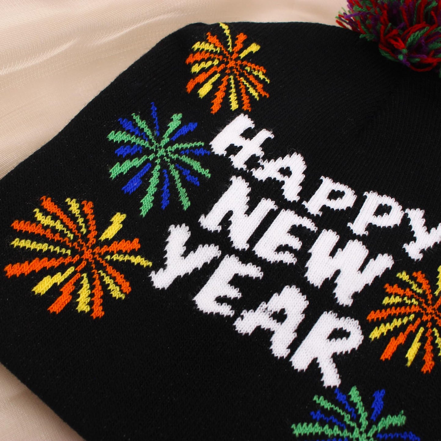 Enrwin Women and Men Autumn and Winter Happy New Year Knitted Hat Thick Soft Warm Chunky Beanie Crochet Beanie Soft Hat for Christmas (Style1-Black)