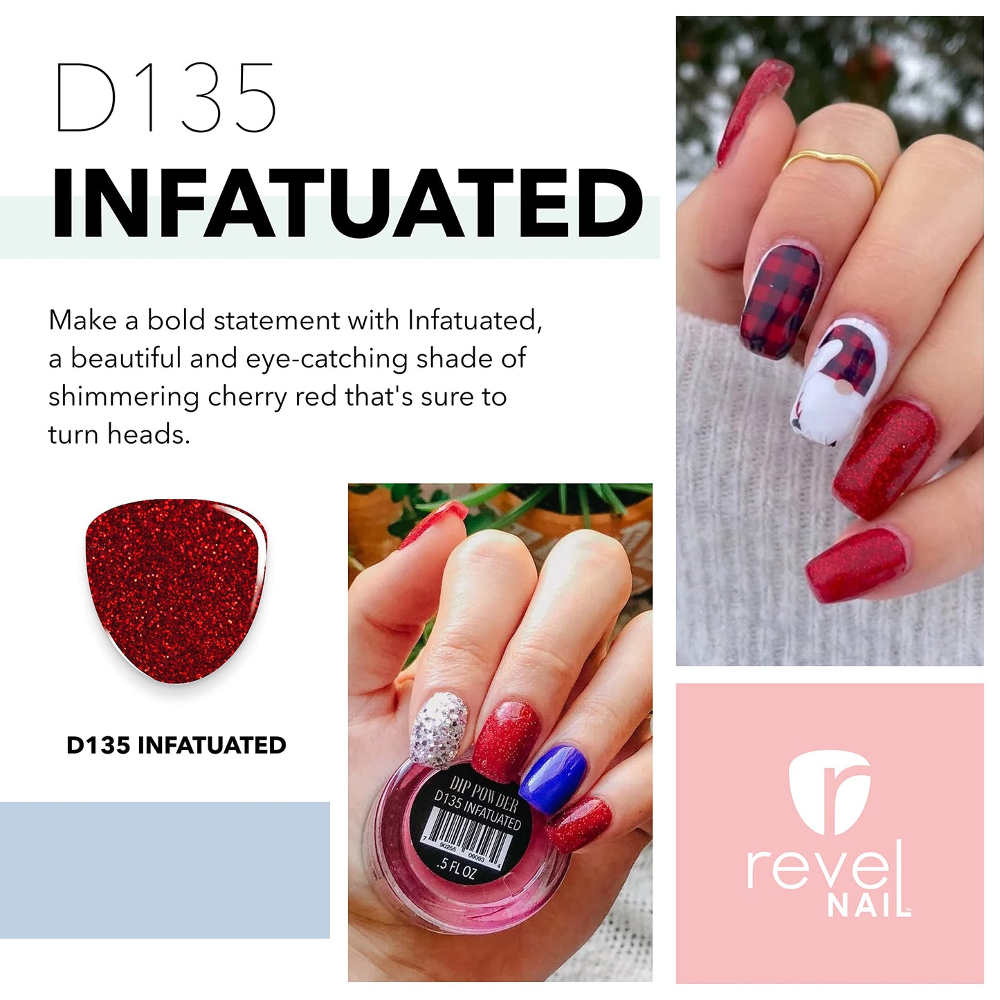 Revel Nail Dip Powder - Red Glitter Powder Dip Nail Polish, Chip Resistant Dip Nail Powder with Vitamin E and Calcium, DIY Manicure, Infatuated