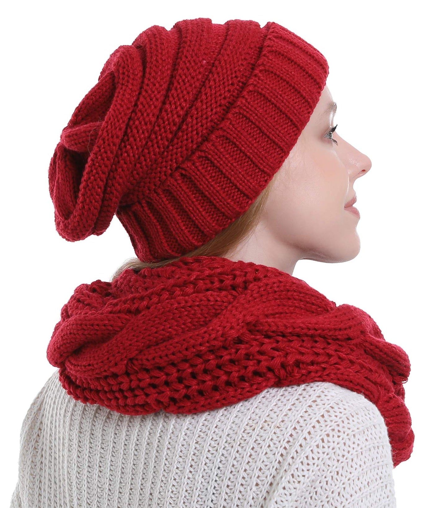 Double Couple 3pcs Winter Beanie Hat Scarf and Touch Screen Gloves Set for Women Knit Hat with Faux Fur Ball Scarves Glove