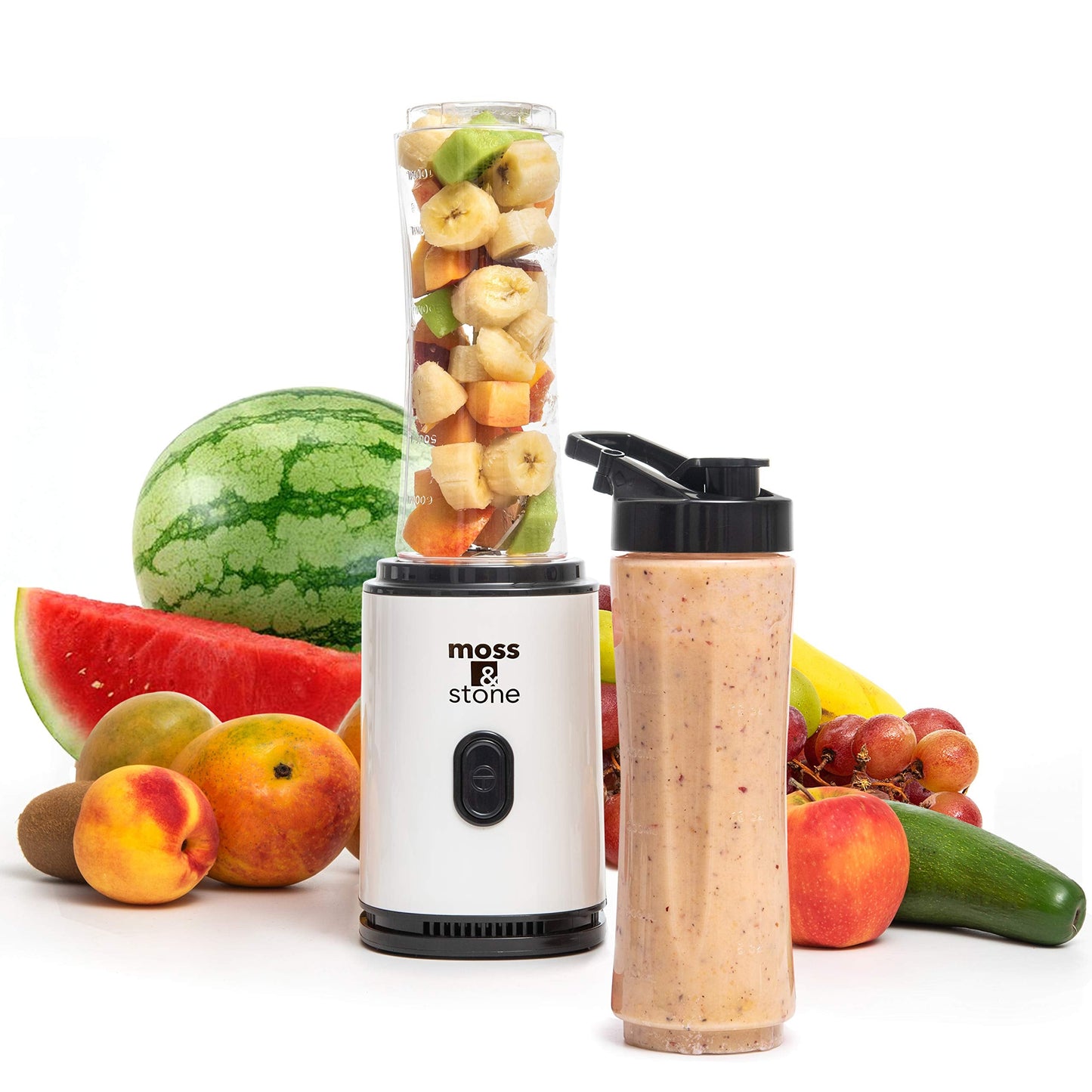 Moss & Stone Personal Blender Single Serve Shake & Smoothies Maker with Portable Travel Sport Bottle - Mini Juicer, White & Black Single Serve Blender for Smoothies and Shakes - Bottle 20 oz