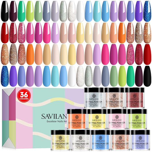 SAVILAND 36 Colors Dip Powder Set - Dip Nail Powder Quick-Drying Glitter Nude Red Purple Nail Dipping Powder Set, Only Include Dip Powder, Nail Starter Set No Need Nail Lamp, for DIY Nail Salon