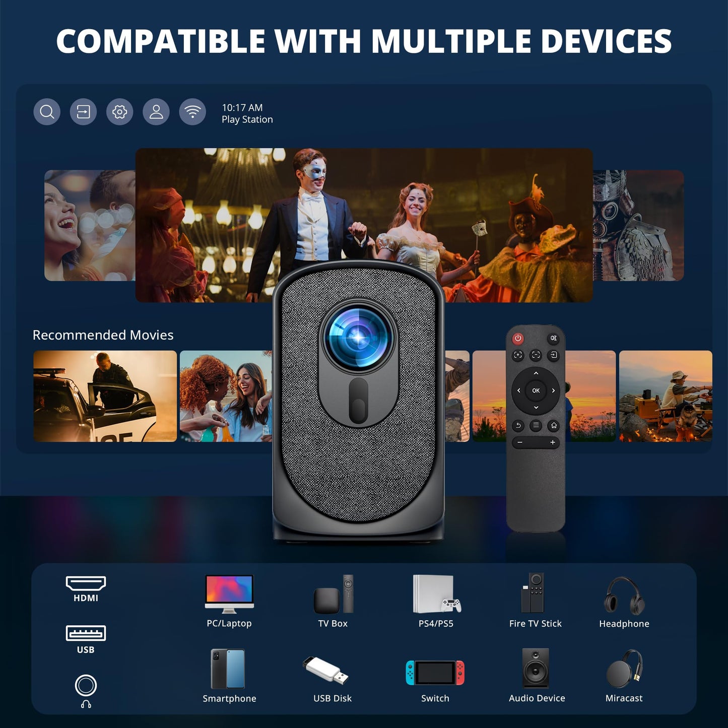 Wireless Mini Projector with WiFi and Bluetooth 5G, Portable Projector Support 4K Movie Video Projection, Electric Focus 350ANSI Phone Projector Home and Outdoor Cinema with HDMI Cable