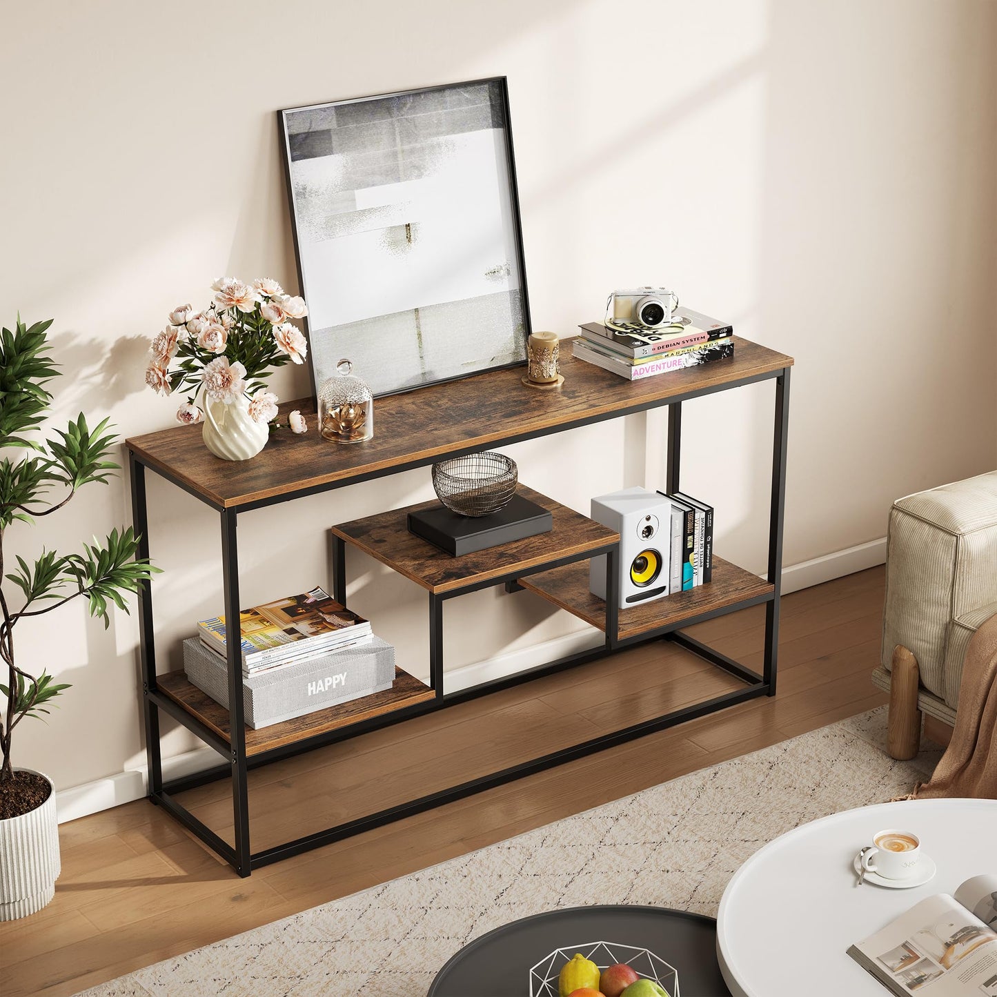 TECHMILLY Tall TV Stand for 55 Inch TV, TV Media Console Table with 3-Tier Open Storage Shelves, Modern Industrial Entertainment Center for Living Room Bedroom, Rustic Brown