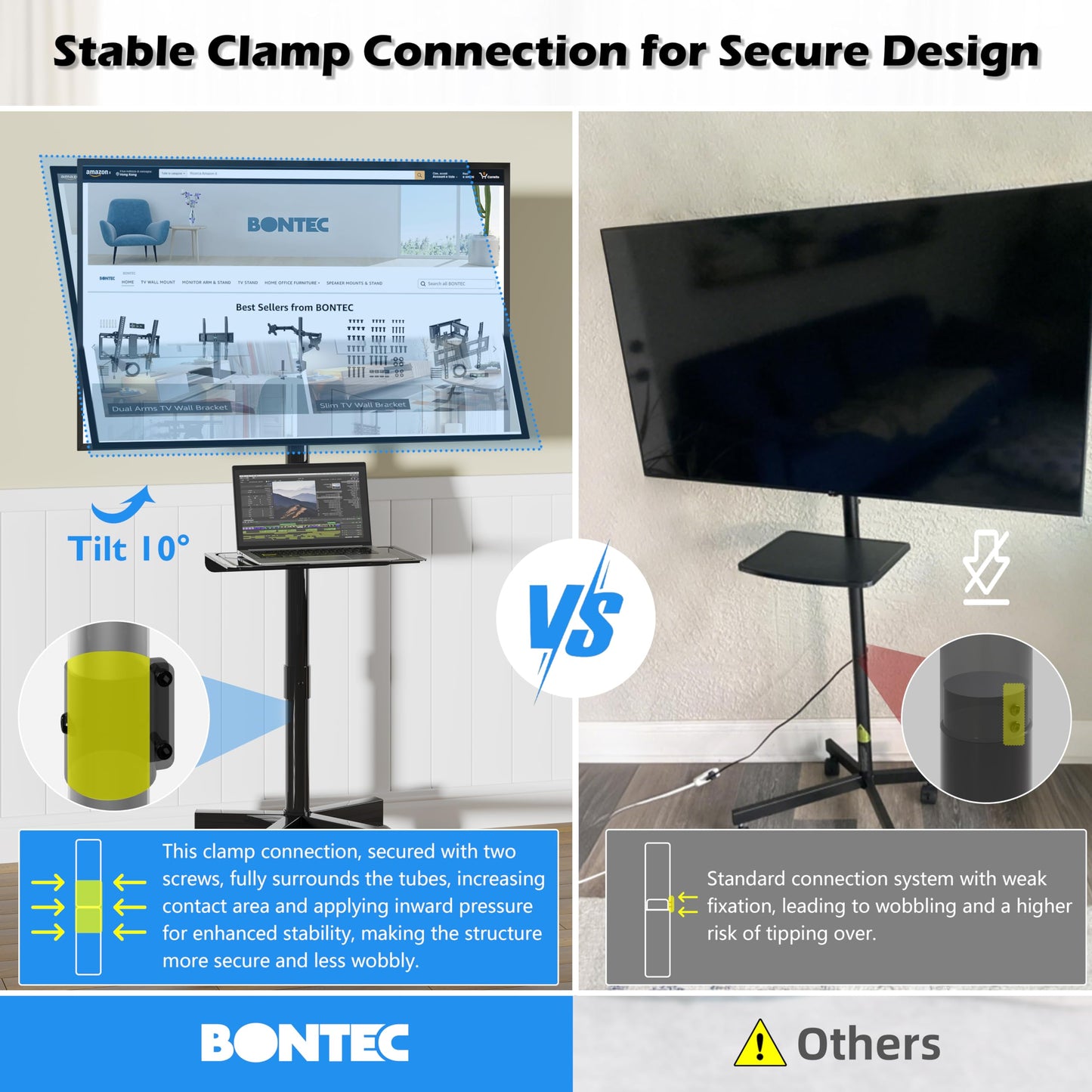 BONTEC Mobile TV Stand with Tilt Function, Rolling TV Stand for 23-60" LED, LCD, OLED TVs, Holds up to 88lbs, Max VESA 400x400mm, Adjustable Media Shelf, TV Cart for Living Room, Bedroom, Office