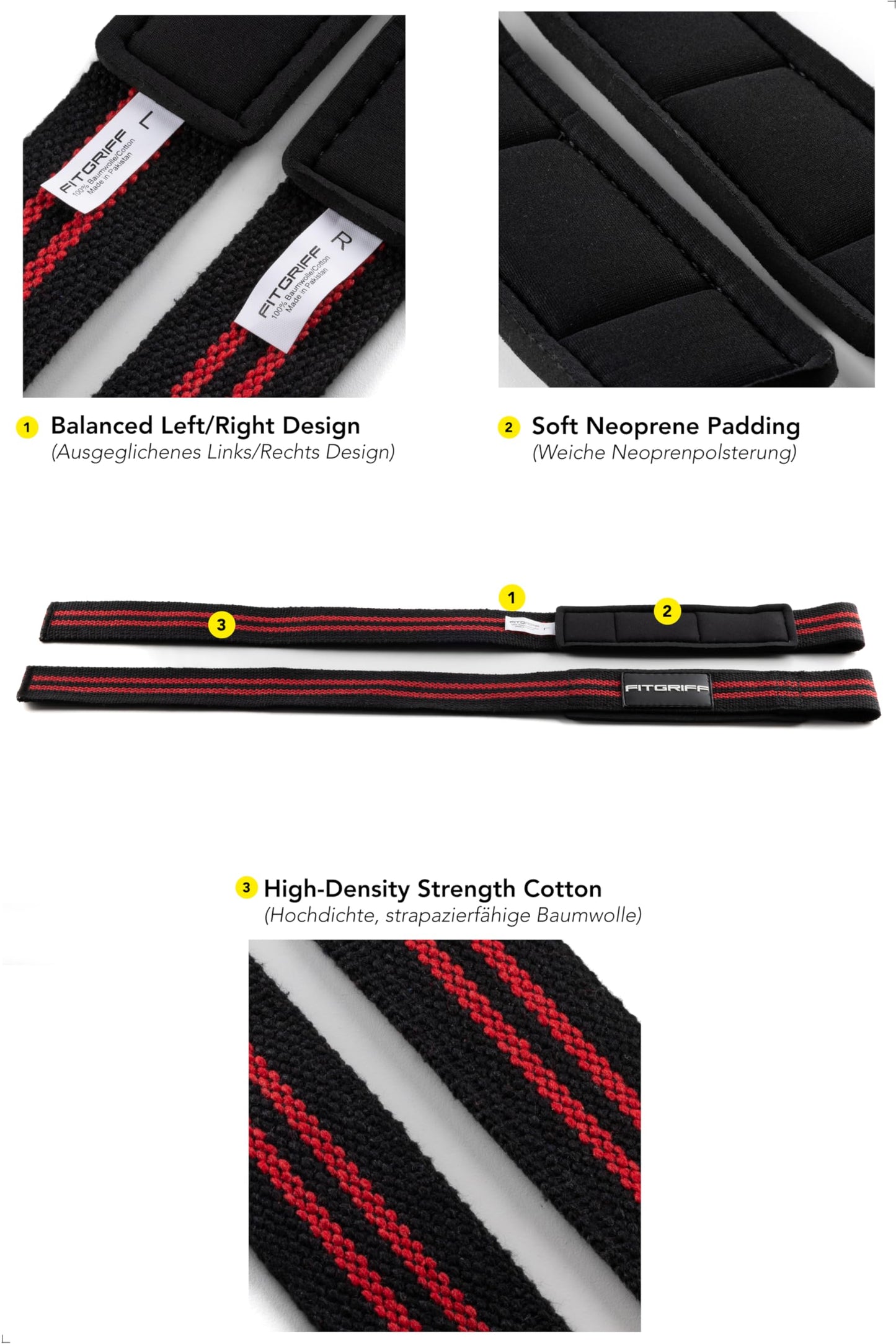 Fitgriff® Lifting Wrist Straps for Weightlifting, Gym, Deadlift, Workout (Made of Premium Cotton & Padded) - Men & Women (Standard, Black/Red)