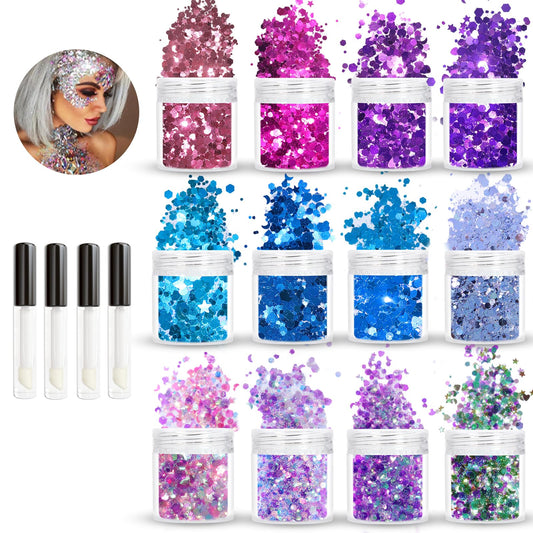 Allstarry Holographic Chunky Body Glitter 4 Colors Cosmetic Face Glitter Makeup Colorful Mermaid Sequins Hair Face Paint Sparkling Festival Outfits Rave Accessories for Women Makeup