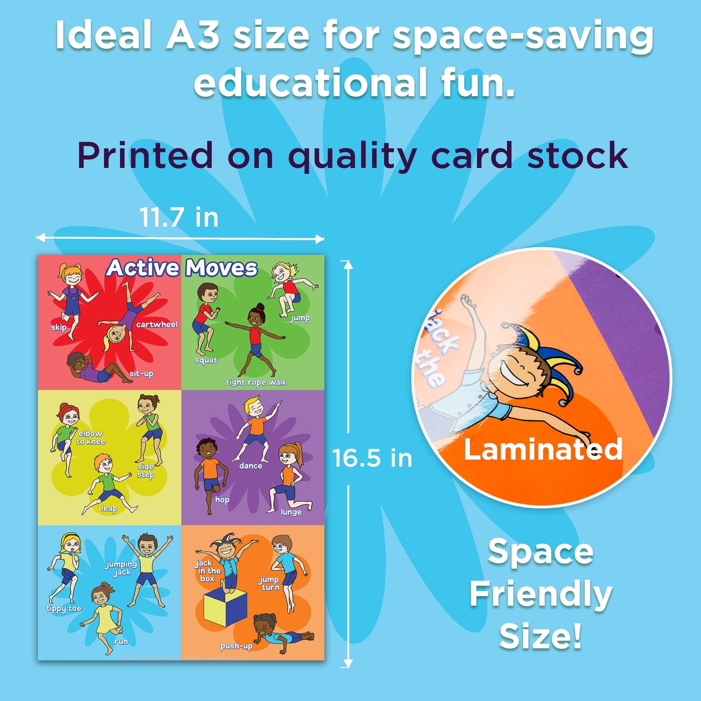 Covelico Kids Yoga Poses Poster and Exercise PE Posters - Set of 2 x A3 Laminated Physical Therapy Posters. Vibrant Physical Education Classroom Decor and Essential PE Teacher Supplies for PE Class.