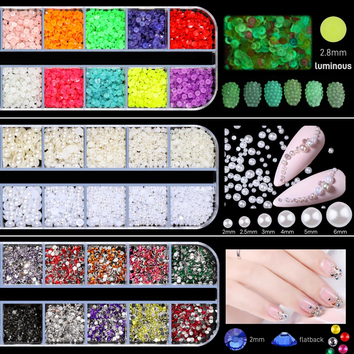 editTime 5 Boxes Shiny Colorful Nail Art Rhinestones Nail Stone Gems Design Kit and 4 sheets flower nail art stickers with a Curved Tweezers and a Nail Brush (6-rhinestones kit-3)
