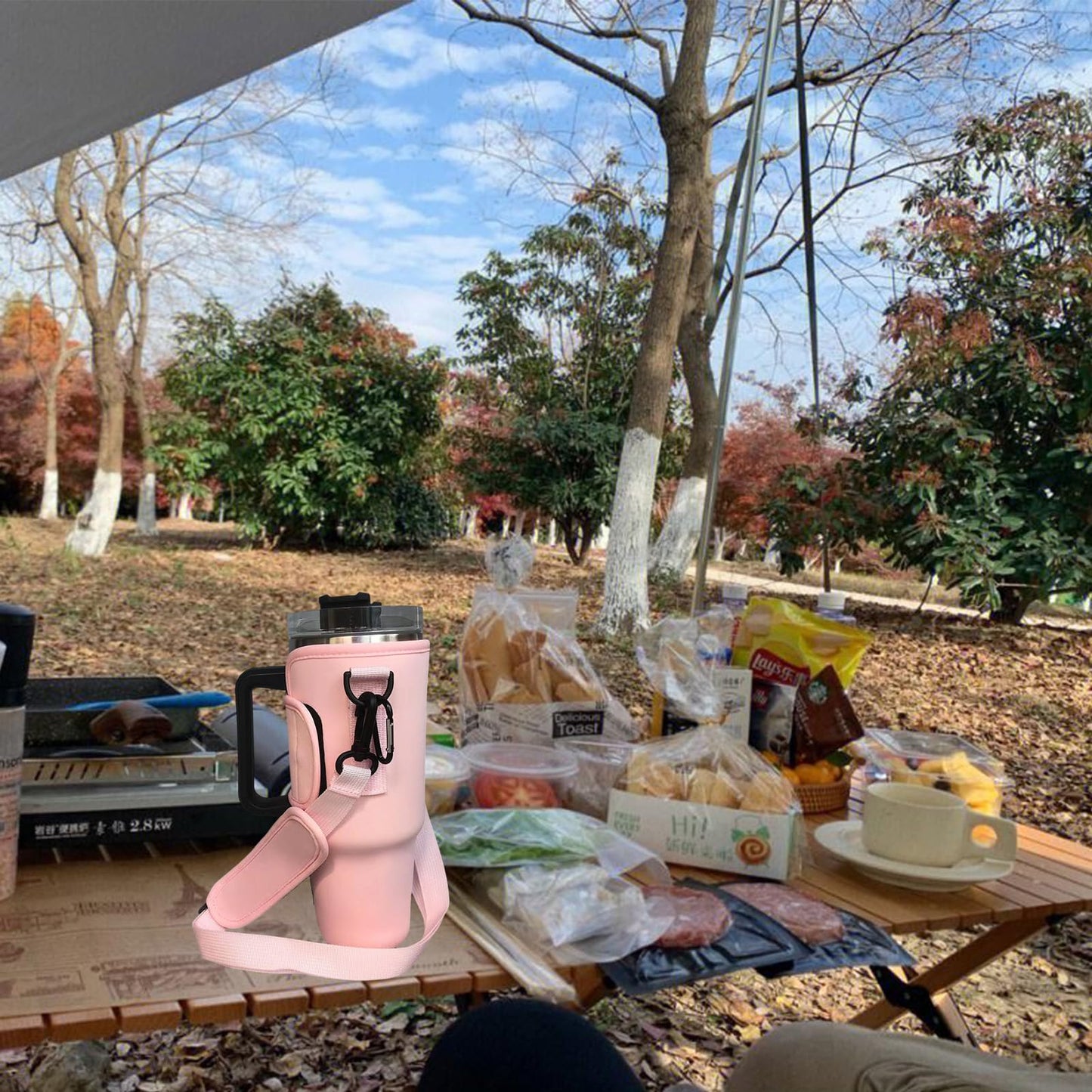 Wotermly Water Bottle Carrier for Stanley Cup Quencher H2.0 Tumbler 40 Oz,Water Bottle Pouch with Adjustable Shoulder Strap (PinkandBag)