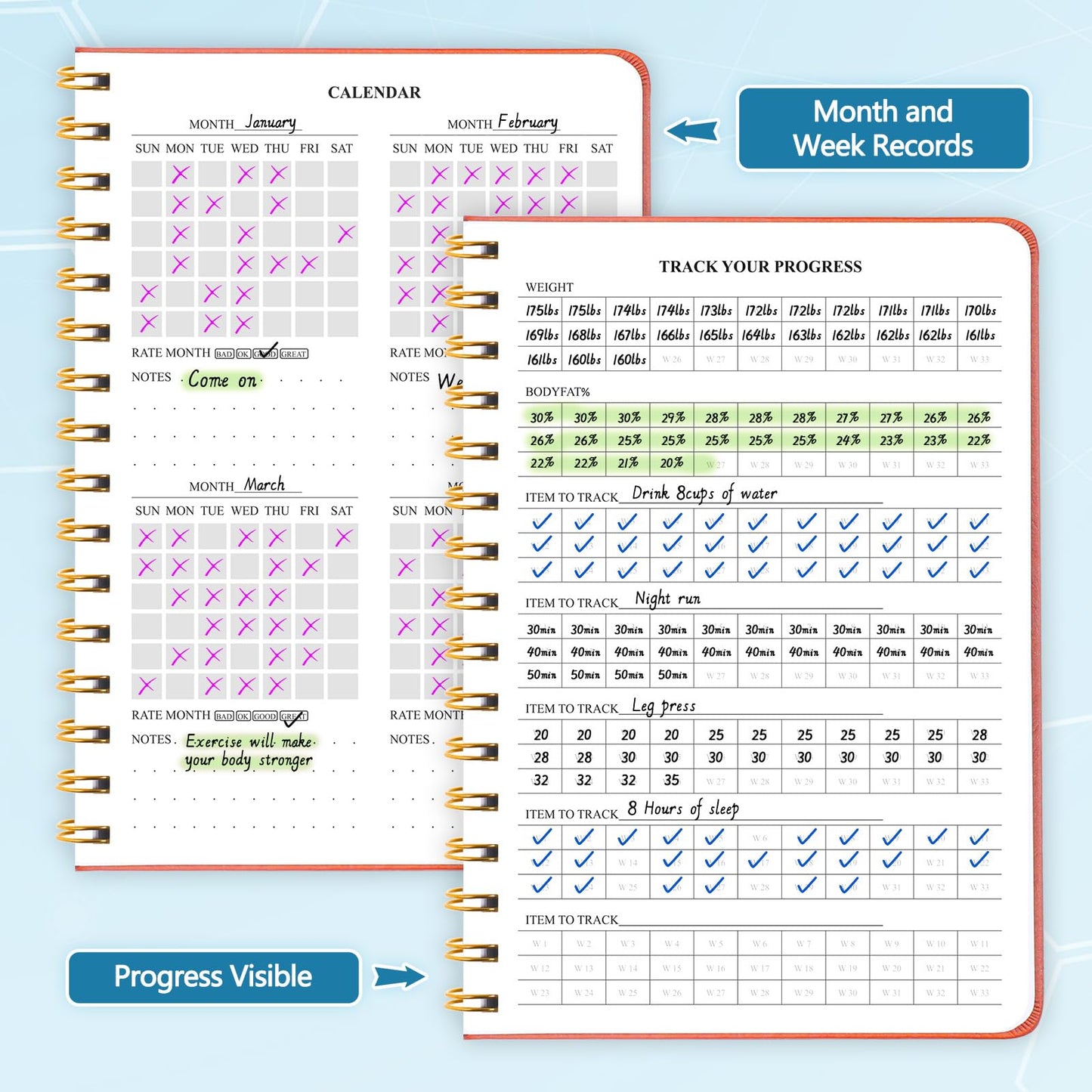 Fitness Journal-Workout Journal for Women & Men, Hard Cover Leather Fitness Planner, Workout Log Book With Gym Goals, Calendar, Progress Tracker, A5-5.7" x 8.3" - Grey