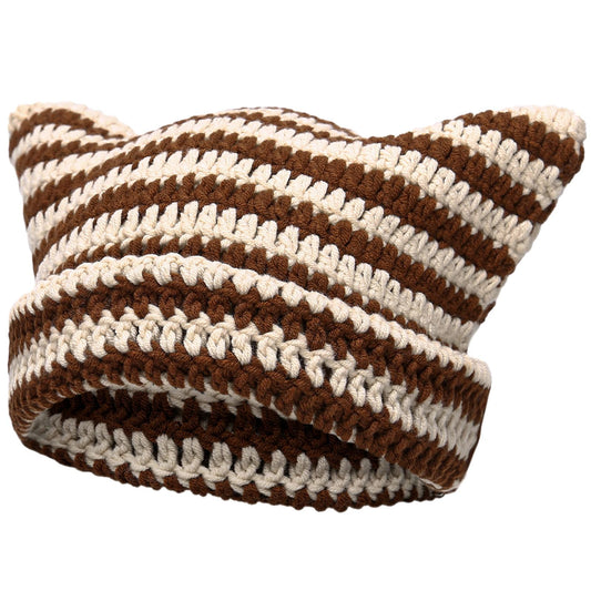 CATMICOO Y2k Beanie Knit Cat Ear Beanies Crochet Hats for Women Brown