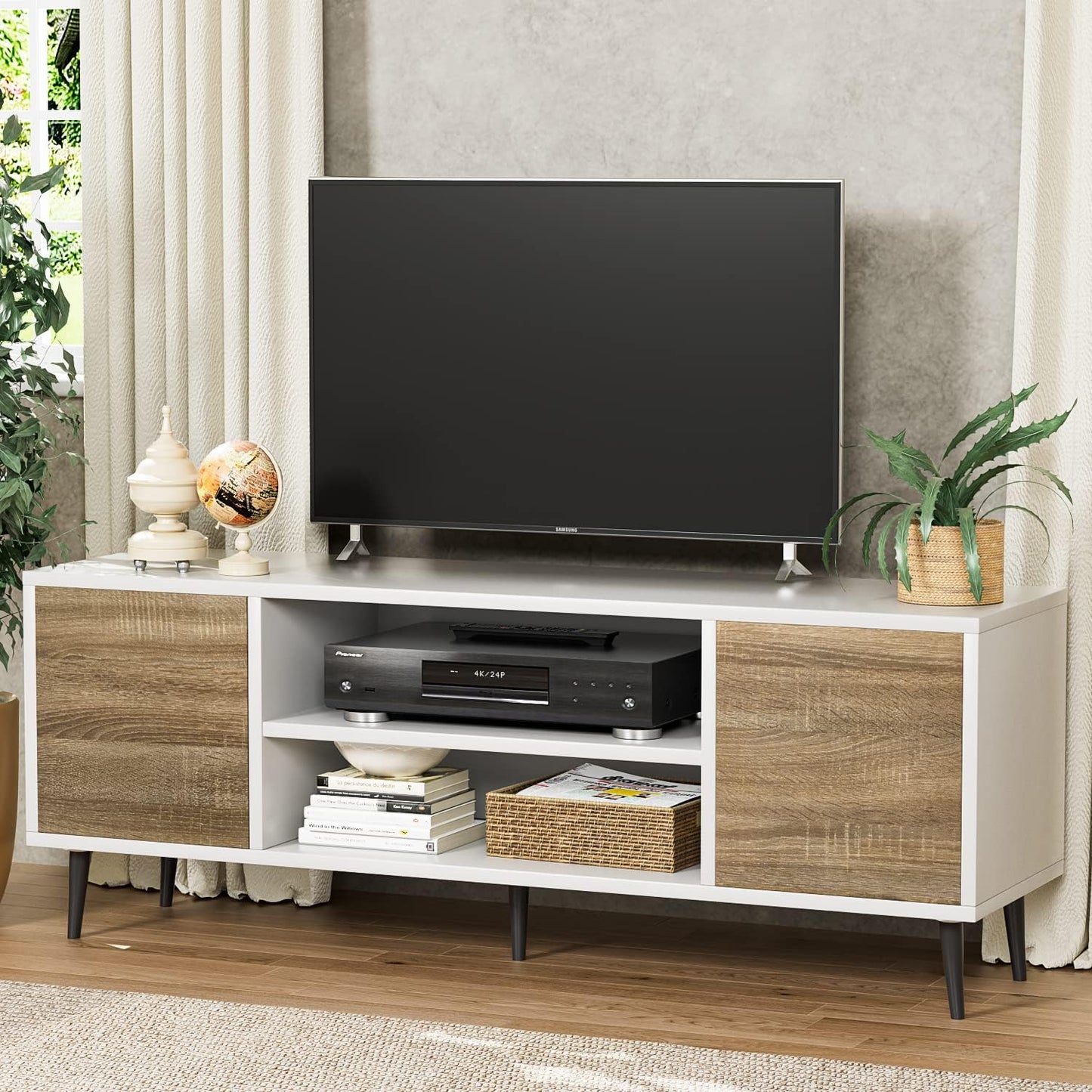 YESHOMY Modern TV Stand for 65" Television, Entertainment Center with Two Storage Cabinets, Retro Style Media Console for Living Room, Bedroom, Office, 58 Inch, White and Coffee