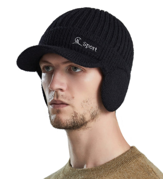 Muryobao Men Winter Beanie Hat Soft Fleece Lined Cuff Knit Hats with Visor Warm Earflaps Newsboy Skull Ski Cap Black