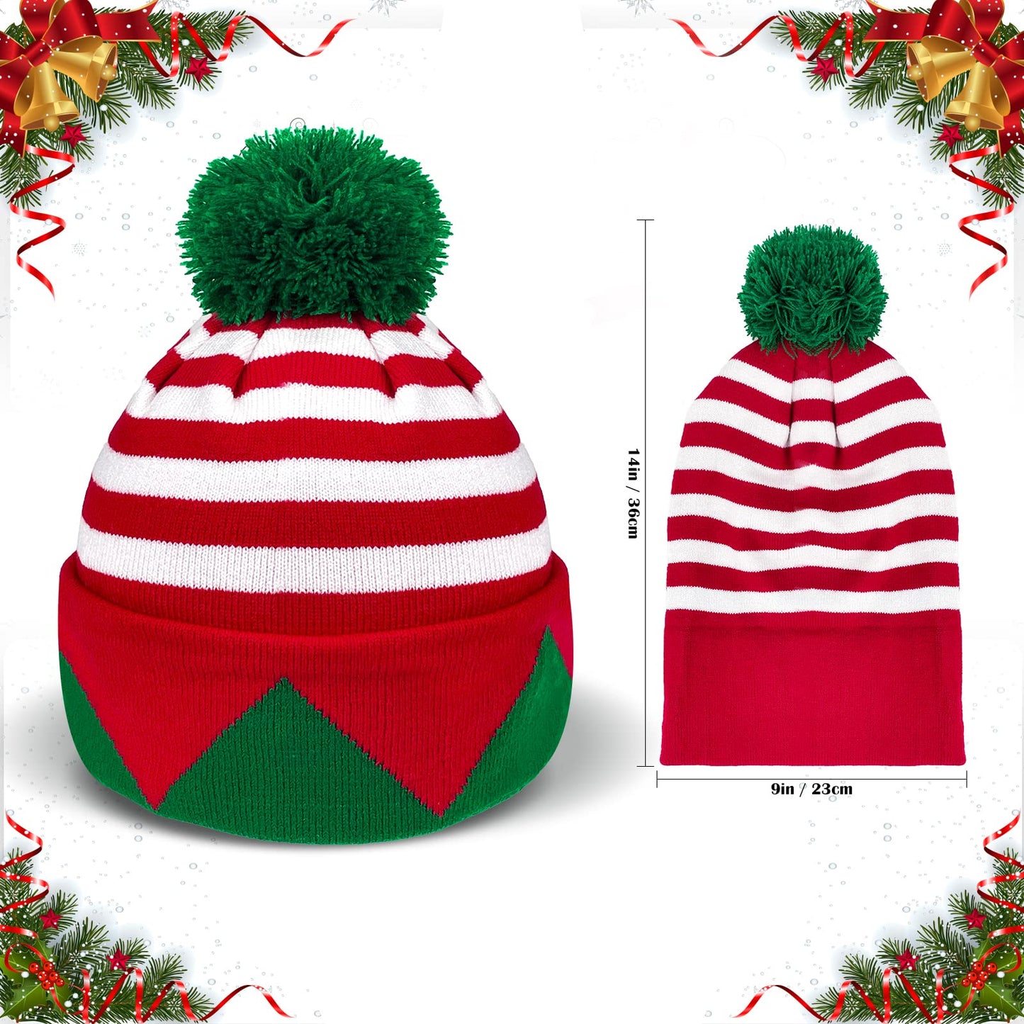 Asikkon Christmas Elf Knitted Hat for Adults Xmas Beanie Knit Hat Cute Santa Winter Warm Hat for Men Women Gifts Red and Green