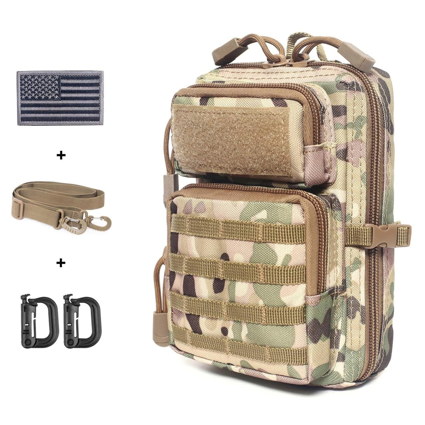 Tactical Molle Pouch Compact EDC Tool Pouch Bag Mini Utility Pouch with US Flag Patch, Shoulder Strap & Two D-Rings (CP)