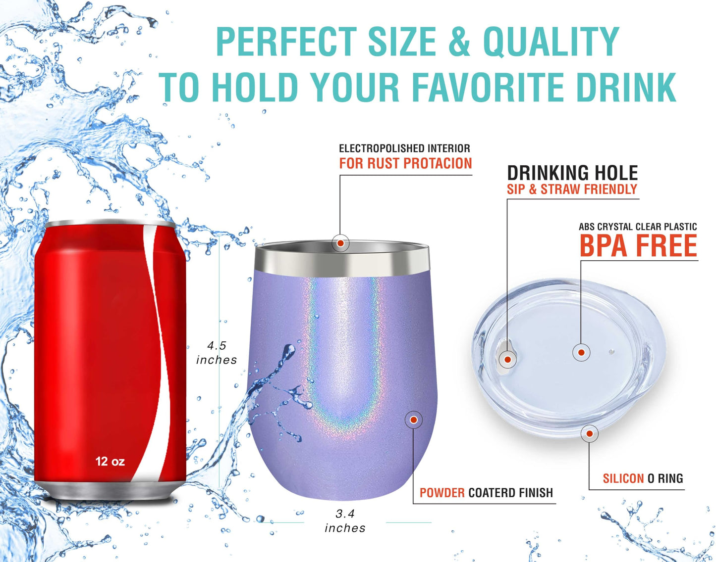 CHILLOUT LIFE 12 oz Stainless Steel Tumbler with Lid - Wine Tumbler Double Wall Vacuum Insulated Travel Tumbler Cup for Coffee, Wine, Cocktails, Ice Cream - Purple Sparkle