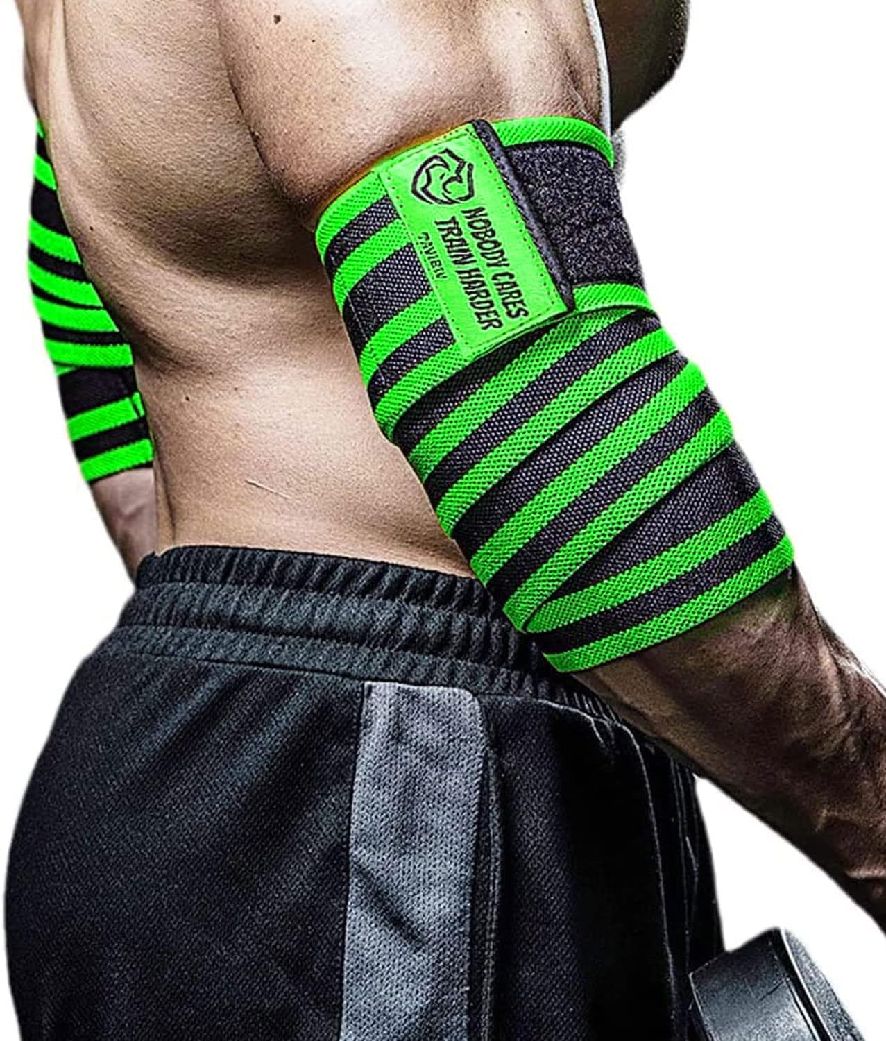 TAVIEW Elbow Wraps for Weightlifting (1 Pair), 47" Elastic Elbow Support & Compression Powerlifting, Fitness, Cross Training & Gym Workout, Elbow Straps Weight Lifting (47" elbow wraps (Green&Black))