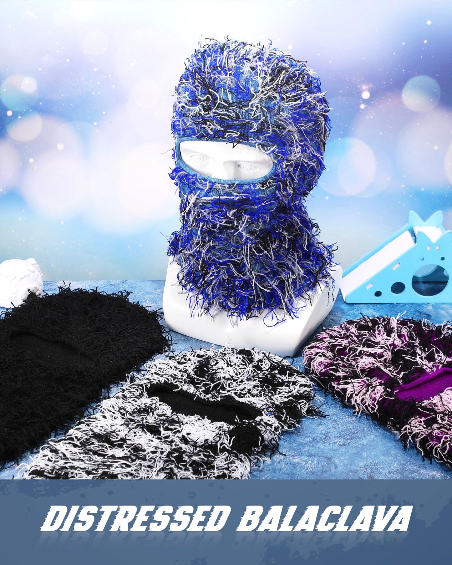 Panitay 4 Pcs Men Distressed Balaclava Winter Trending Ski Masks Women Wind Proof Furry Distress Face Mask (Main Black,White)