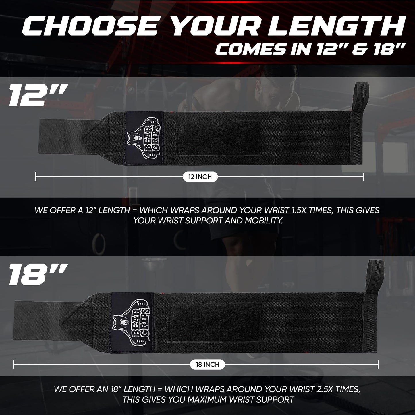 Bear Grips Wrist Wraps for Weightlifting | Weight Lifting Wrist Straps for Weightlifting | Extra Strength Gym Wrist Wraps | Two Wrist Wrap Per Pack | 12” & 18” | Lifting Wrist Wraps for Men & Women
