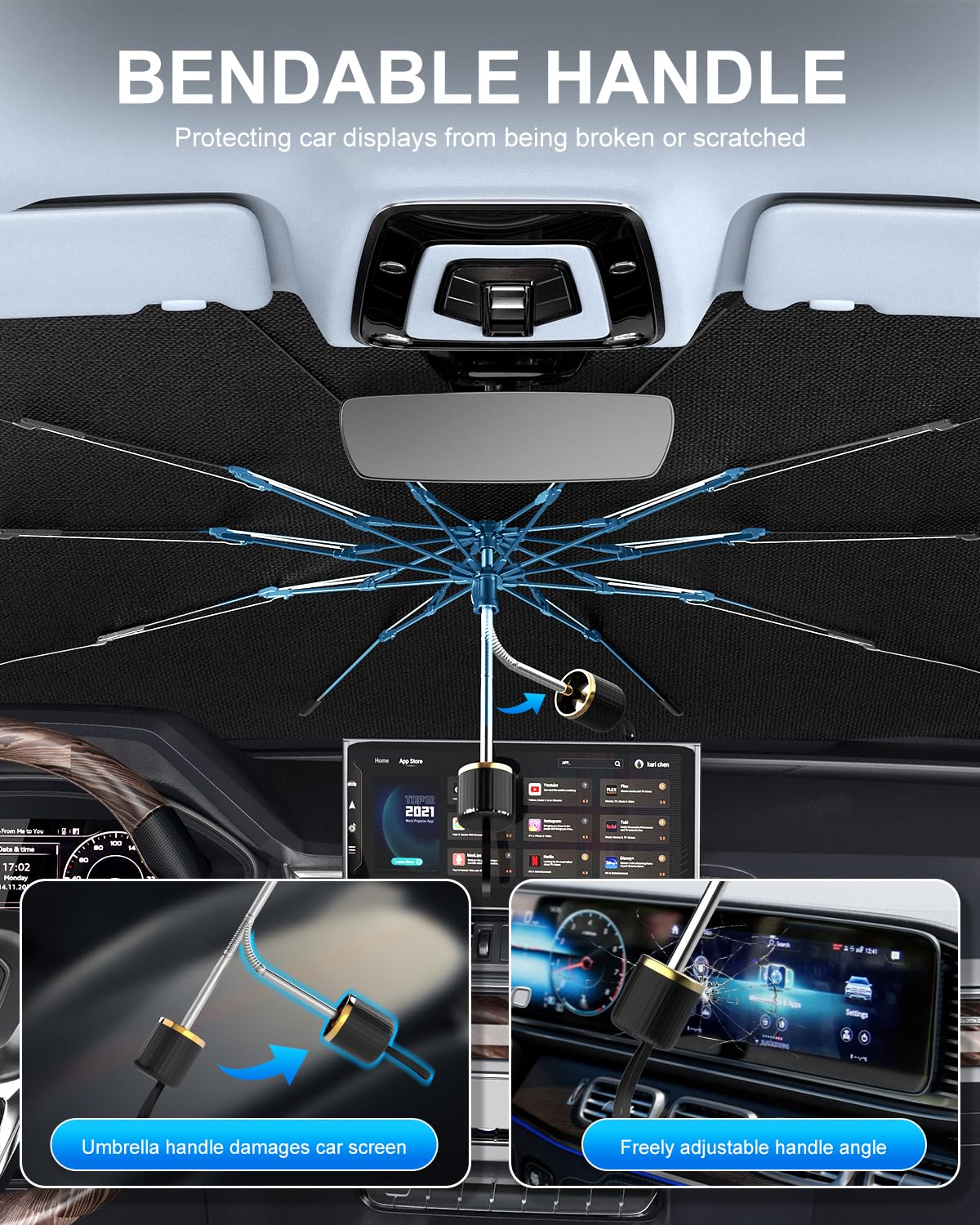 PEMOTech Car Windshield Sunshade Umbrella 10-Layer Nano UV Blocker [Heat Damage Keep Cool] & [Anti-Puncture System] Auto-Folding car Shades for Front Windows Umbrella for Sedan/SUV(61"x32"/155x81cm)