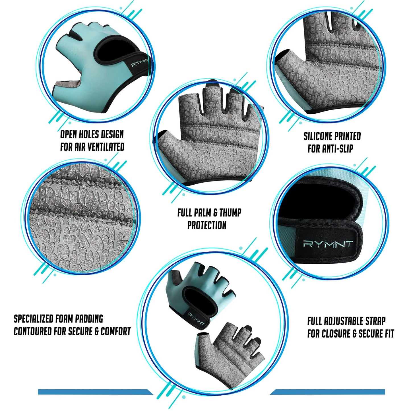 RYMNT Minimal Weight Lifting Gloves,Short Micro Workout Gloves Grip Pads with Full Palm Protection & Extra Grip for Men Women Weightlifting,Gym,Exercise Training.Aqua-Small