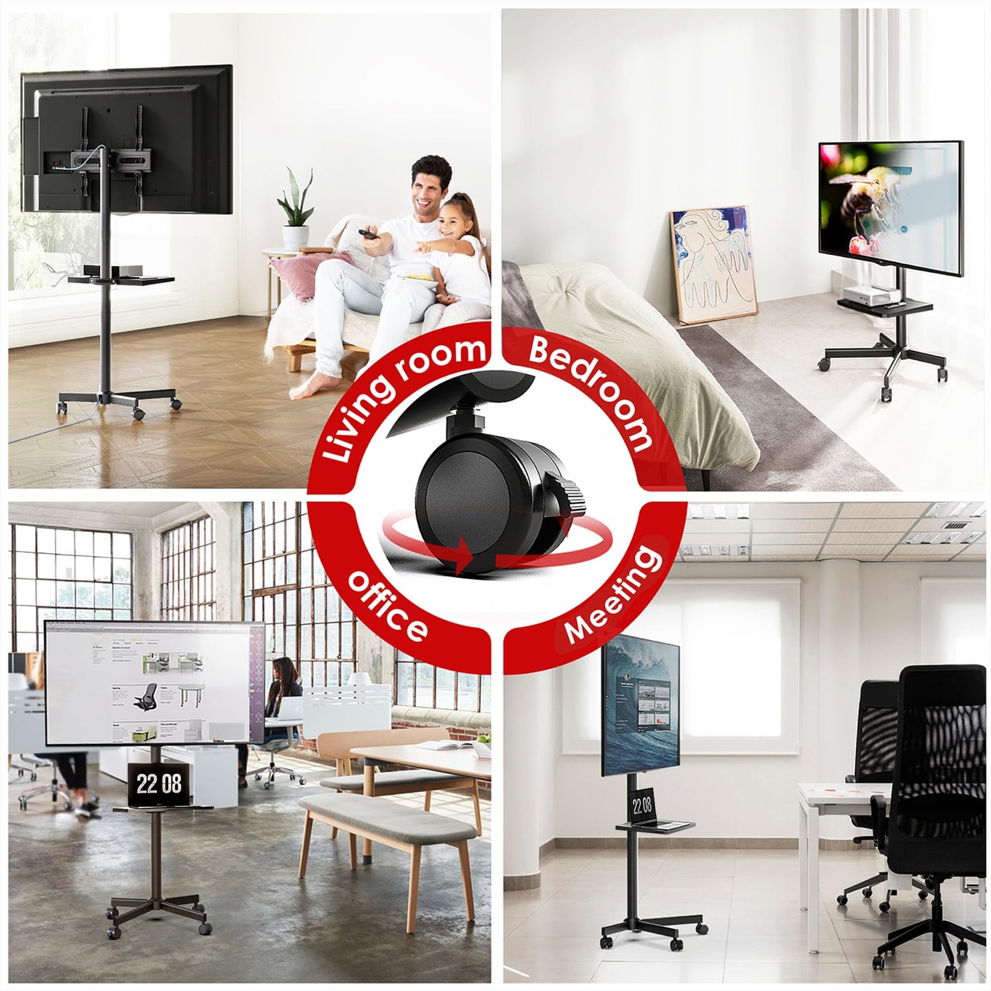 AOKCOS Rolling TV Stand - Mobile TV Stand on Wheels for 32-65 inch Flat/Curved TVs with Tilting, Height Adjustment Portable Rolling TV Cart Hold up to 88 Lbs for Livingroom, Bedroom, Office, Outdoor