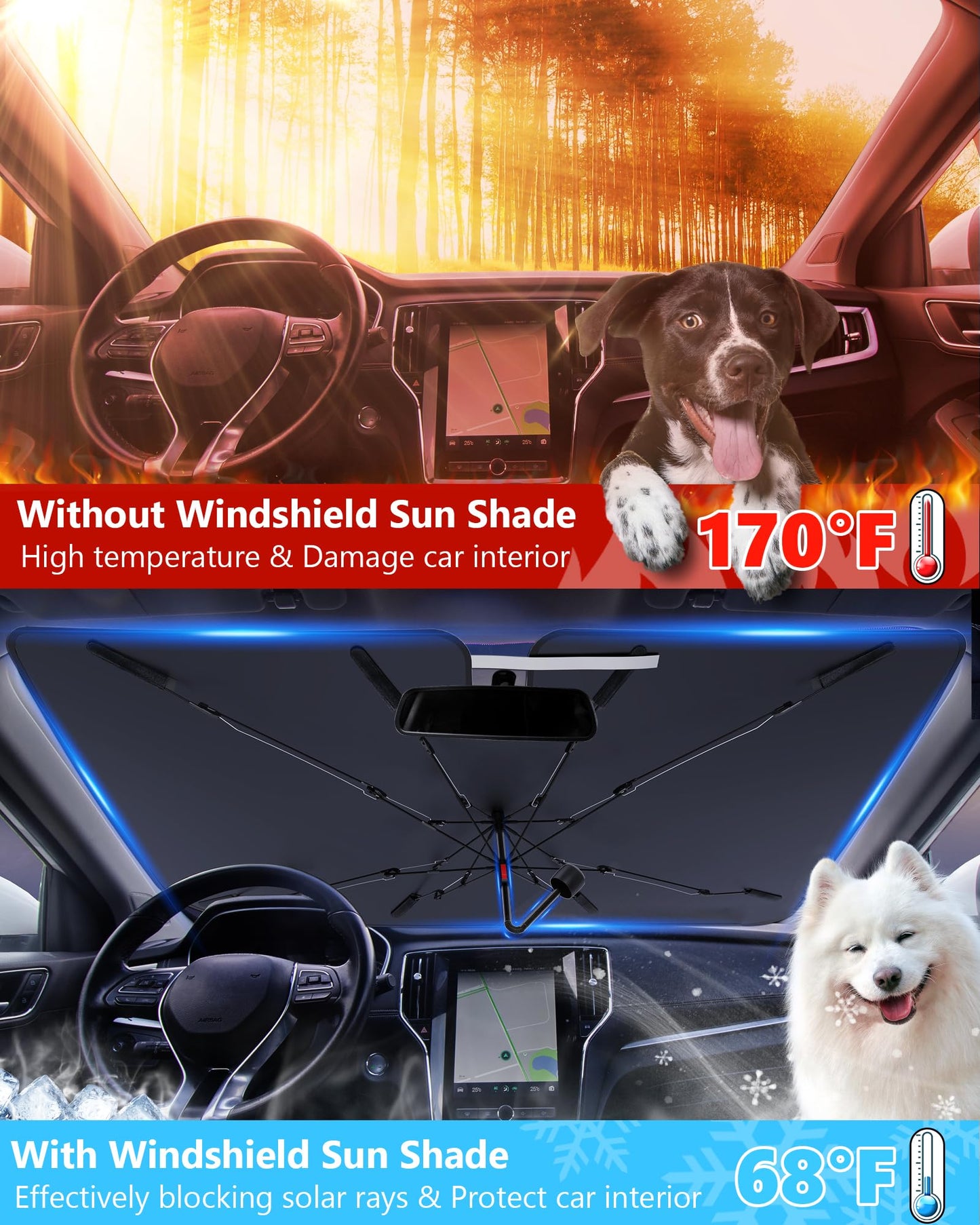 [2025 Upgrade Seamless Full Cover] Windshield Sun Shade Umbrella for Car [Nano Ice-Crystal Coating] Protect Car Interior from Sun Ray & Heat, Foldable Front Window Sunshade, Medium(57" L X 31" W)