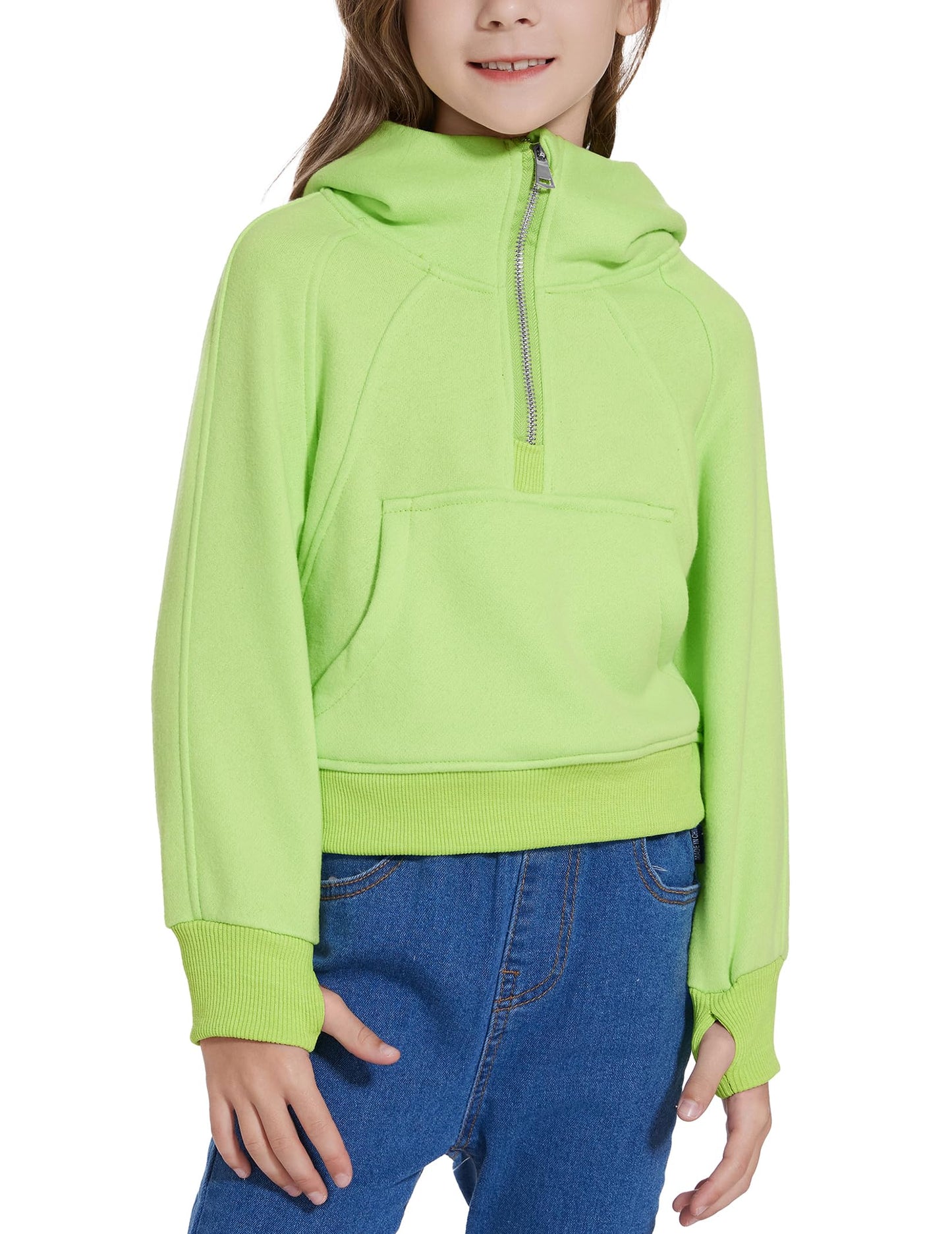 Fdqin Sweatshirt for Kid Half Zip Up Cropped Hoodies for Girls Fleece Pullover Tops Winter Clothes Neon Green 7-8Years