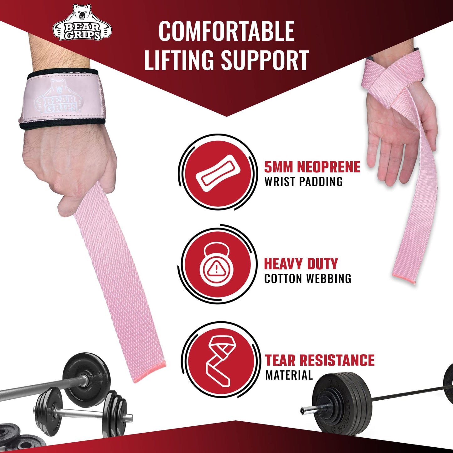 Bear Grips Lifting Straps Gym, Wrist Straps for Weightlifting, Gym Straps, Weightlifting Straps, Deadlift Straps, Weight Lifting Straps for Men, Weight Straps Lifting Women, 2 Lifting Strap Pink