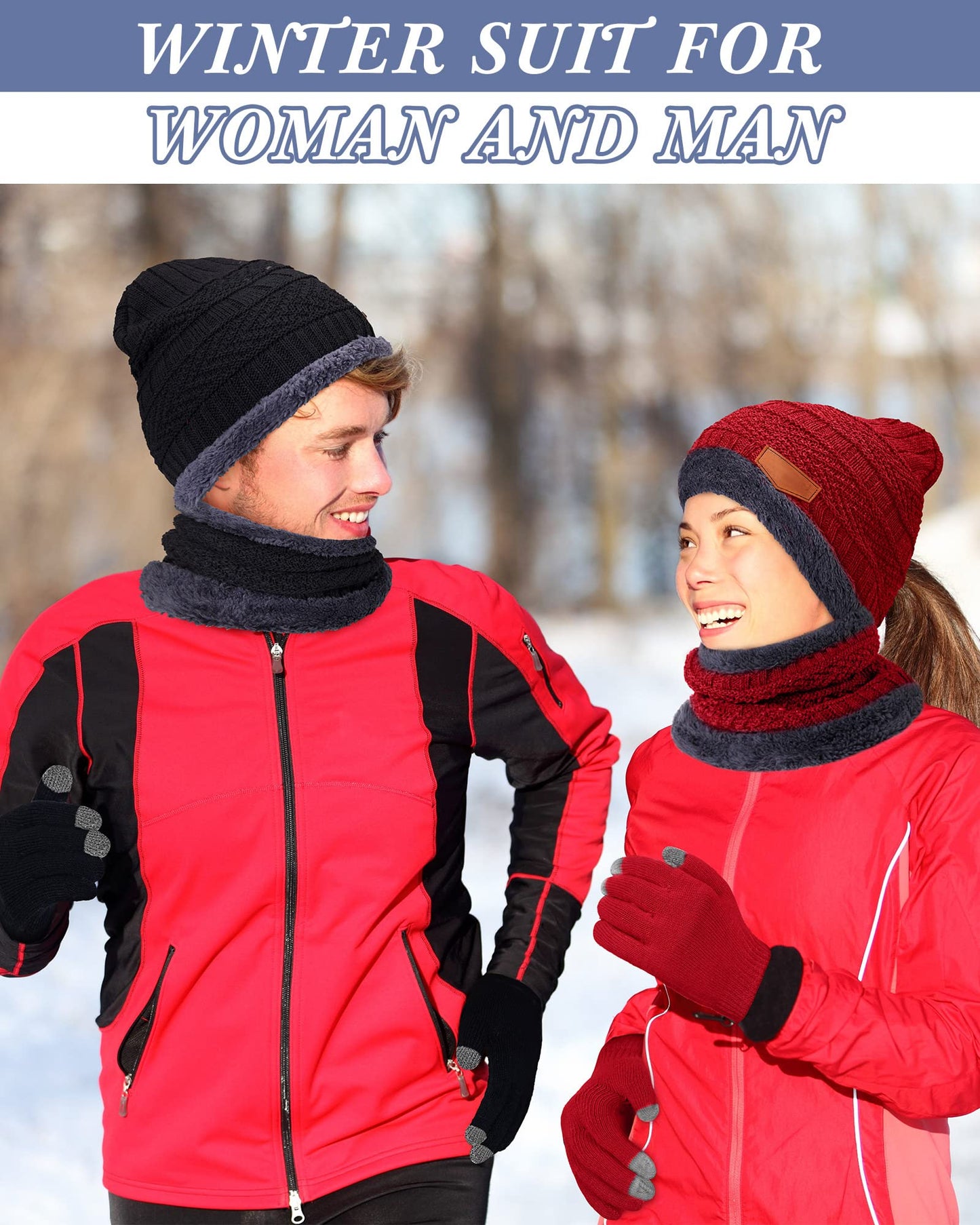 6 Pcs Men Womens Winter Hat Glove Scarf Sets Beanie Scarf Touchscreen Gloves Knit Skull Cap Fleece Neck Warm Scarf Mitten (Black, Wine Red)