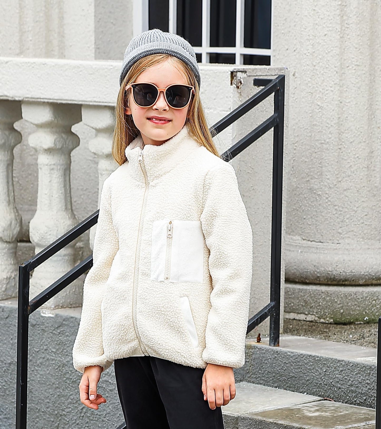 Fanient Girls Jacket Fleece Coat Sherpa Fuzzy Jackets Full Zip Outwear Jackets Solid Beige Long Sleeve Winter Coats Size 7-8