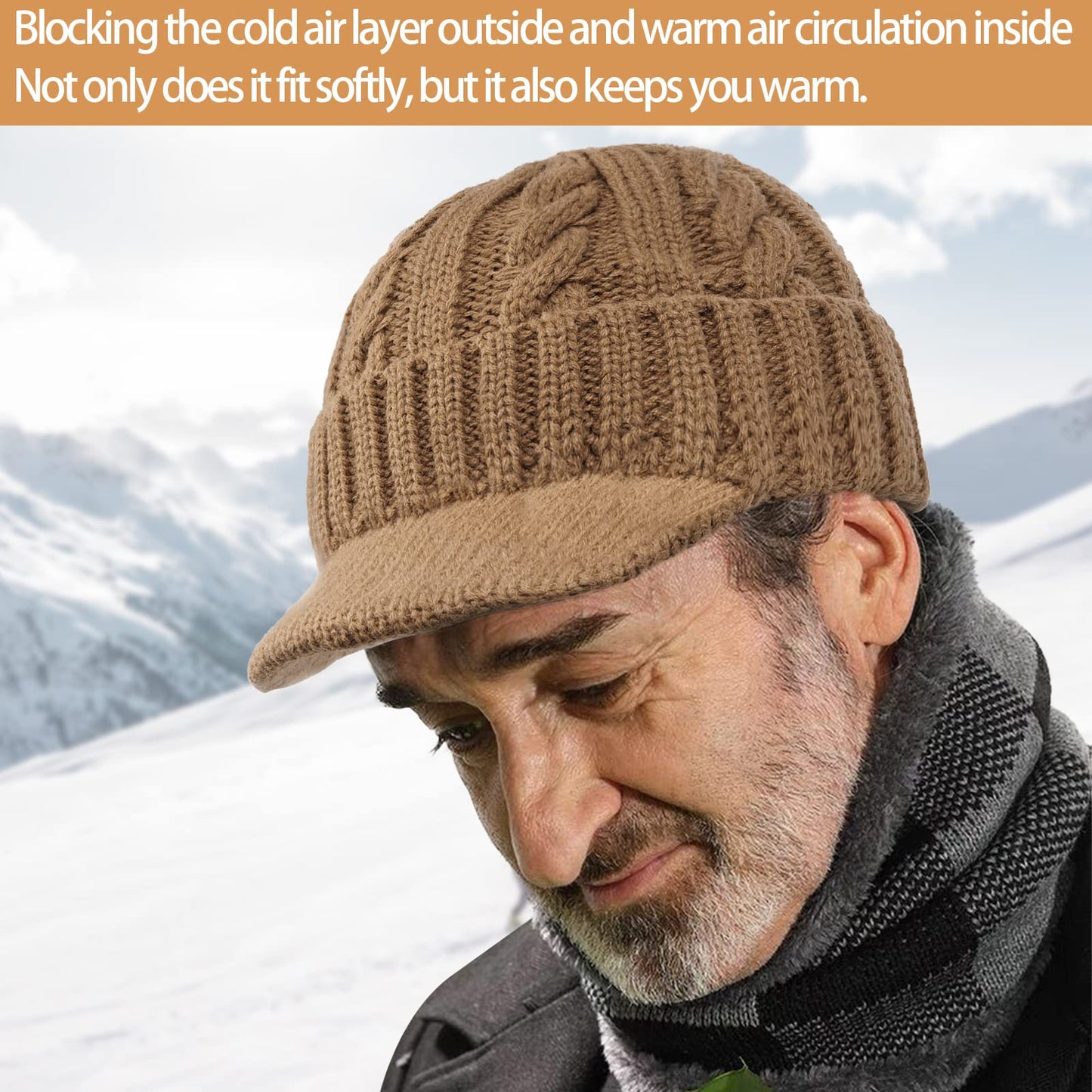 Croogo Winter Beanie with Visor Warm Oversized Chunky Soft Ribbed Slouchy Knit Hat Short Brim Newsboy Hats,Black-NB03