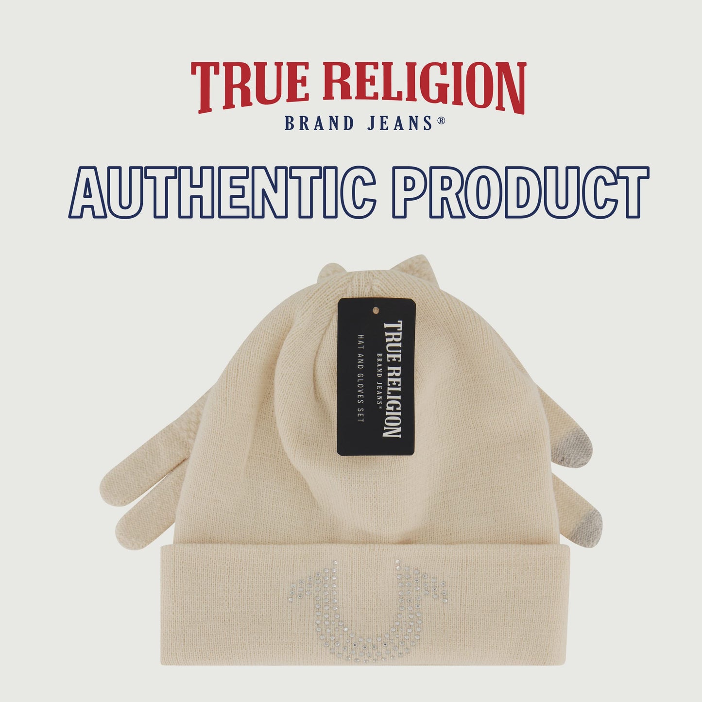 True Religion Beanie Hat and Touchscreen Glove Set, Cuffed Winter Knit Cap with Rhinestone Logo and Touch Screen Mittens, Off White, One Size