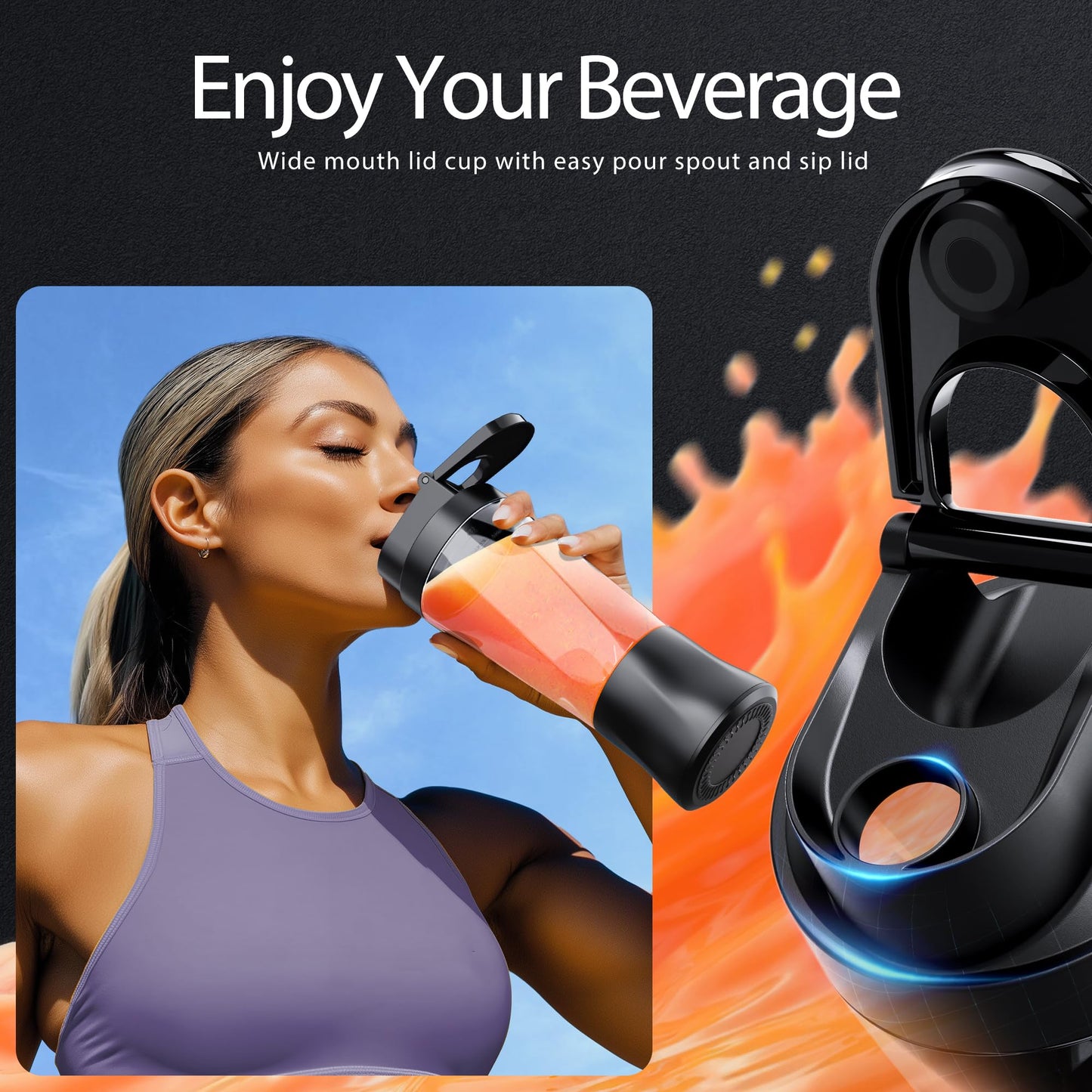 Portable Blender, Cordless, 24oz. Vessel, Personal Blender-for Shakes & Smoothies, BPA Free, Leakproof-Lid & Sip Spout, USB-C Rechargeable & Self Cleaning - Travel with 6 Sharp Blade, Black