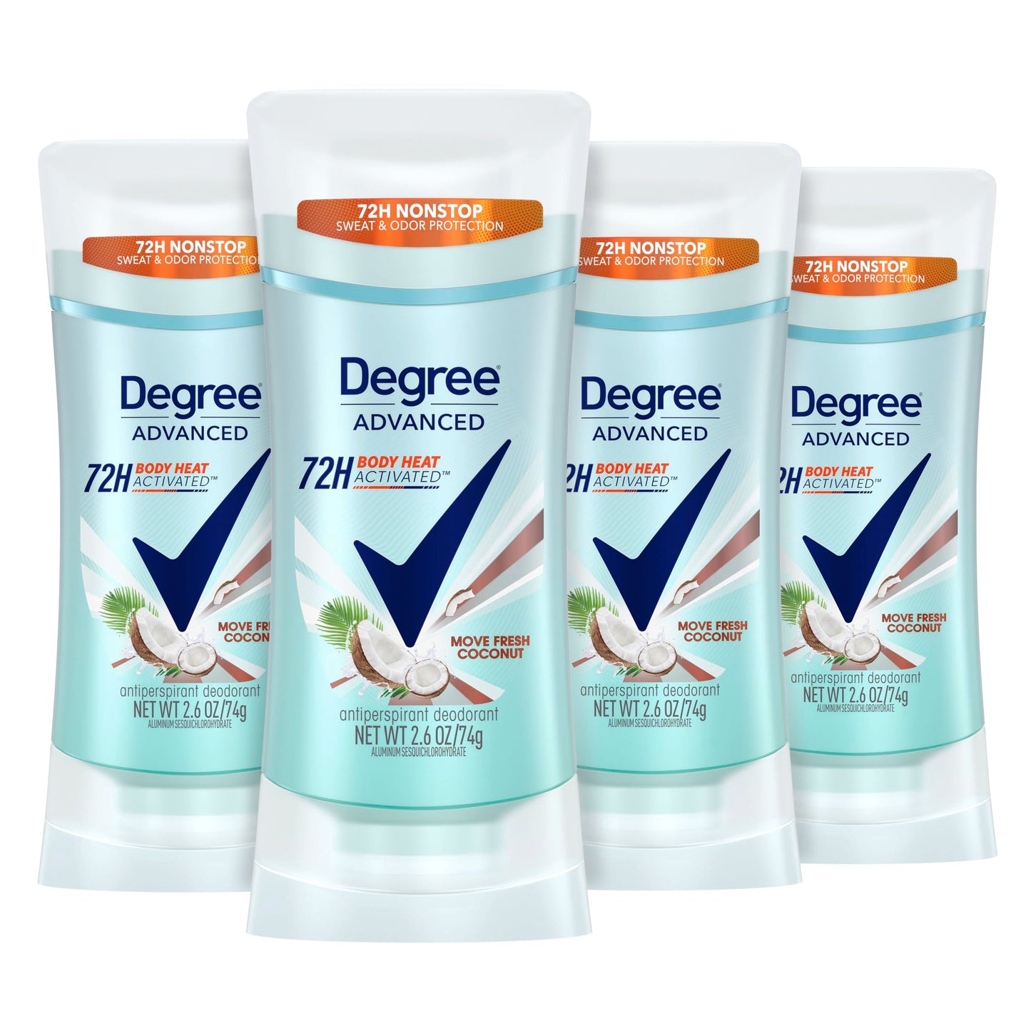 Degree Antiperspirant Deodorant 72-Hour Sweat & Odor Protection Fresh Coconut Deodorant for Women with MotionSense Technology 2.6 oz, Pack of 4