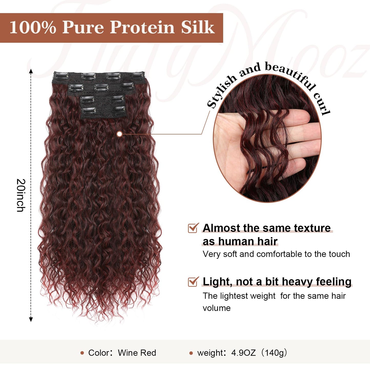 Clip in Hair Extensions, FLUFYMOOZ 4PC 100％ Pure Protein Silk Hair Extensions Long Soft Natural Hairpiece 20 Inch Curly Hair Extension for Women (Wine Red)