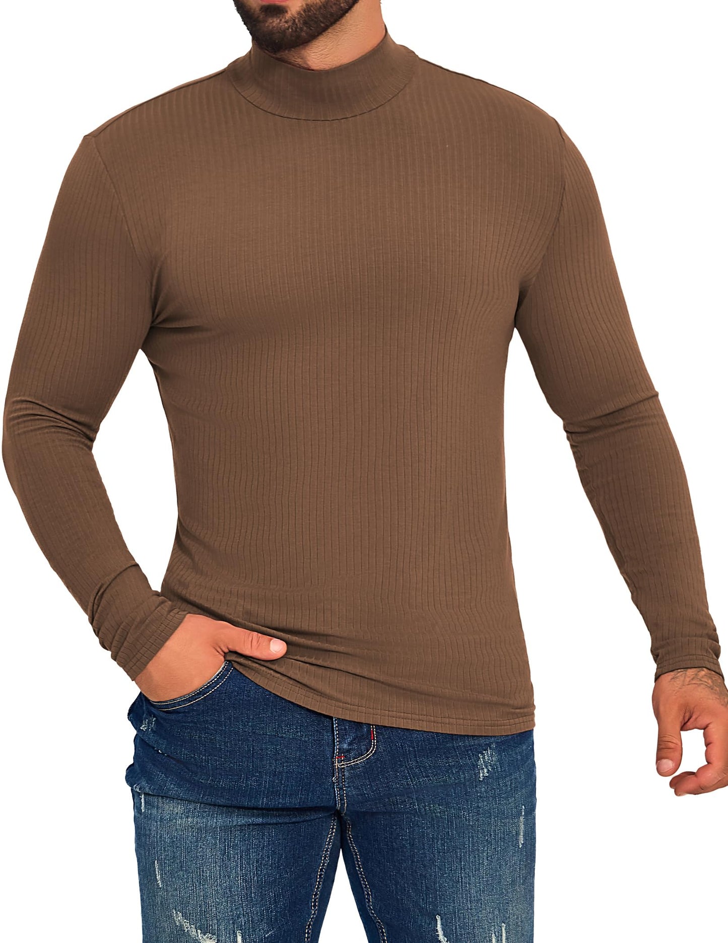 ZAFUL Mens Long Sleeve Turtleneck Undershirt Casual Knit Pullover Thermal Sweater Shirts Ribbed Tee for Fall Winter Brown L